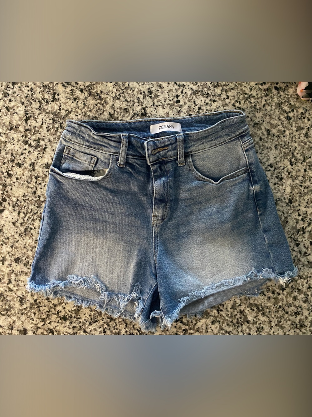 Zenana Outfitters Medium Blue Distressed Denim Jean Shorts